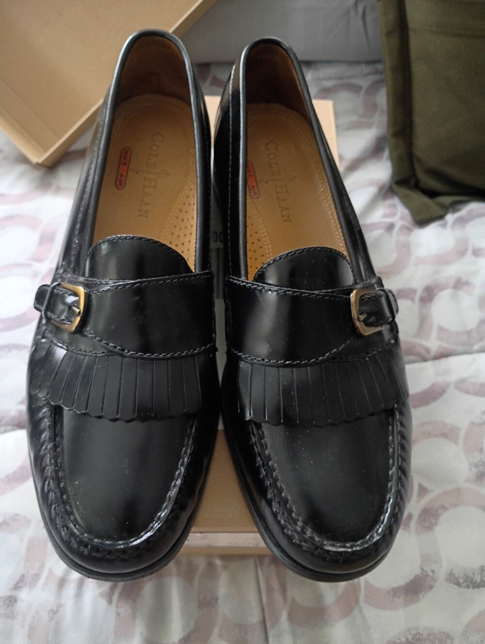 Cole Haan Black Leather Kiltie Buckle Slip-On Loafers